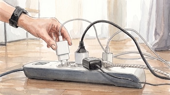 Mano de una persona que coloca un enchufe blanco en una regleta con varios conectores y cables sobre el suelo.