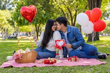 Una pareja se sienta sobre una manta a cuadros en el césped de un parque junto a una cesta de picnic, globos rojos y flores.