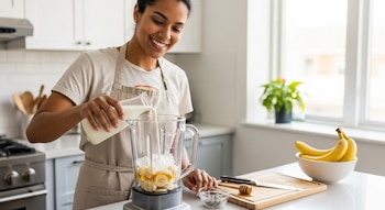 Mujer de tez oscura sonríe mientras vierte leche en una licuadora con rodajas de banana y hielo en una cocina luminosa. Un tazón de bananas frescas está al lado.