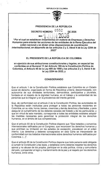 La promulgación del Decreto 0552 marca un hito para Colombia, ya que la protección y garantía de los derechos humanos pasan a ocupar el centro de la gestión empresarial y la acción estatal - crédito Presidencia