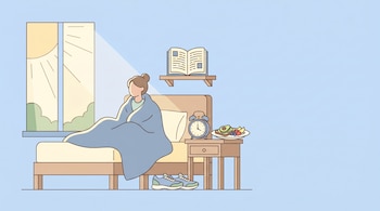 Ilustración plana de una persona en la cama recibiendo luz de una ventana, con un despertador, desayuno, zapatillas y un libro en la mesita de noche.