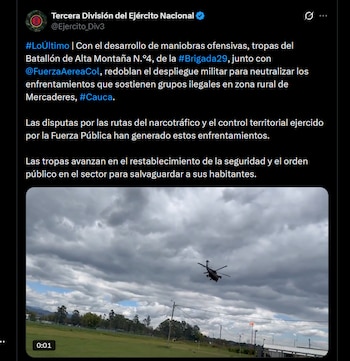 El Ejército Nacional llegó a Mercaderes para retomar el control territorial e identificar al grupo que enfrenta al ELN - crédito X