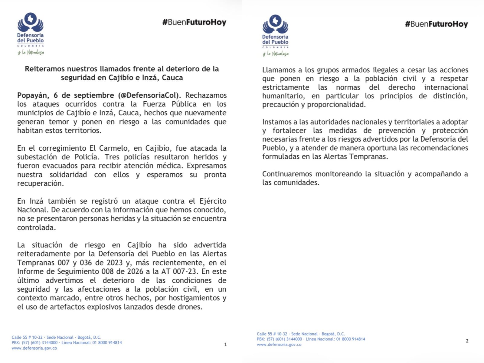 La Defensoría del Pueblo sostuvo que los ataques en Cajibío e Inzá exponen a la población civil a confrontaciones, explosiones y hostigamientos cerca de instalaciones oficiales - crédito @DefensoriaCol / X