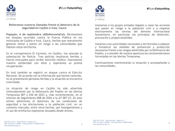 La Defensoría del Pueblo sostuvo que los ataques en Cajibío e Inzá exponen a la población civil a confrontaciones, explosiones y hostigamientos cerca de instalaciones oficiales - crédito @DefensoriaCol / X