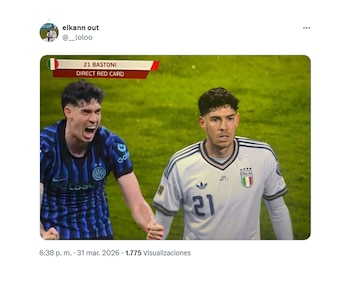 Dos futbolistas en campo. Uno con camiseta azul, rostro furioso. El otro, de Italia #21, serio. Gráfico: '21 BASTONI DIRECT RED CARD'