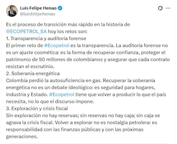 Luis Felipe Henao, presidente de la junta directiva de Ecopetrol, anotó que los principales retos de Ecopetrol son transparencia y auditoría forense - crédito @LuisFelipeHenao/X