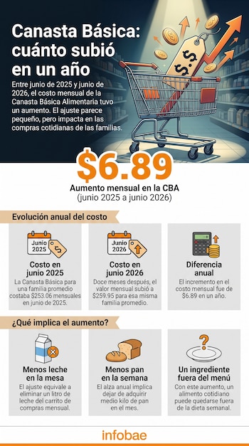 Infografía con carrito de compras, etiqueta de precio con signo de dólar y flechas de aumento. Muestra el costo de la Canasta Básica Alimentaria y su impacto.