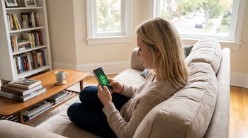 Mujer joven sentada en un sofá claro, viendo un teléfono móvil con un signo de dólar verde brillante en la pantalla. Hay una mesa y un estante con libros.