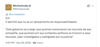 El ministro aseguró que el dineroi no entrará directamente a las generadoras de energía - crédito Ministerio de Hacienda