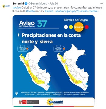 Alerta difundida por Senamhi el