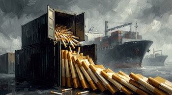Dos contenedores de carga apilados con miles de cigarrillos que caen en primer plano, con barcos cargueros en un puerto bajo un cielo tormentoso.