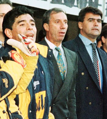Con Bilardo y el Tata Brown en el banco de Boca, en 1996