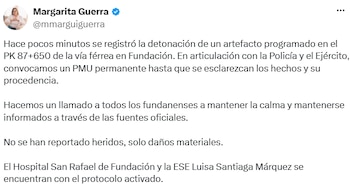 En su primer reporte, Margarita Guerra informó sobre la detonación del artefacto y señaló que el Hospital San Rafael de Fundación y la ESE Luisa Santiaga Márquez activaron sus protocolos. - crédito @mmarguiguerra/X