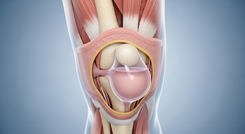 Ilustración médica que muestra la anatomía interna de la rodilla, revelando un quiste de Baker superficial, una bolsa transparente con líquido.