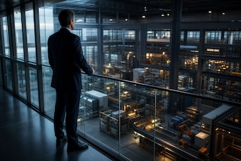 Hombre con traje formal parado junto a una baranda de cristal observando el interior de una nave industrial con maquinaria.