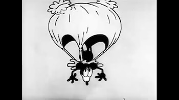 Ilustración en blanco y negro de un personaje de dibujos animados parecido a un ratón, de cabeza, conectado a un paracaídas redondo blanco que se abre en el aire