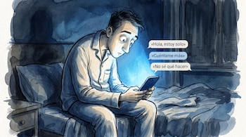 Un hombre en pijama sentado en una cama a oscuras mira un teléfono móvil que emite luz azul y muestra tres burbujas de conversación.