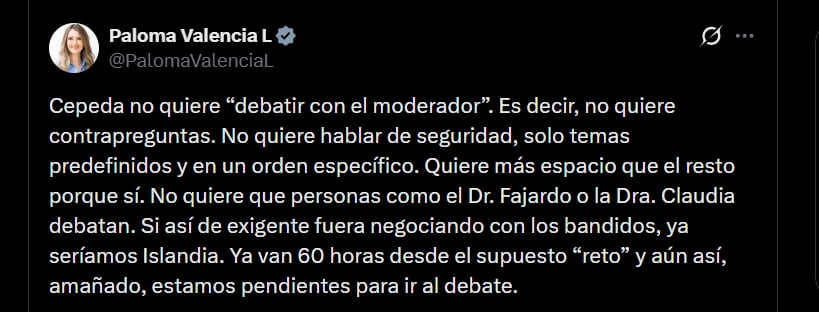 Paloma Valencia cuestionó al candidato del Pacto Histórico, Iván Cepeda, por negarse a debatir con el moderador - crédito @PalomaValenciaL/X