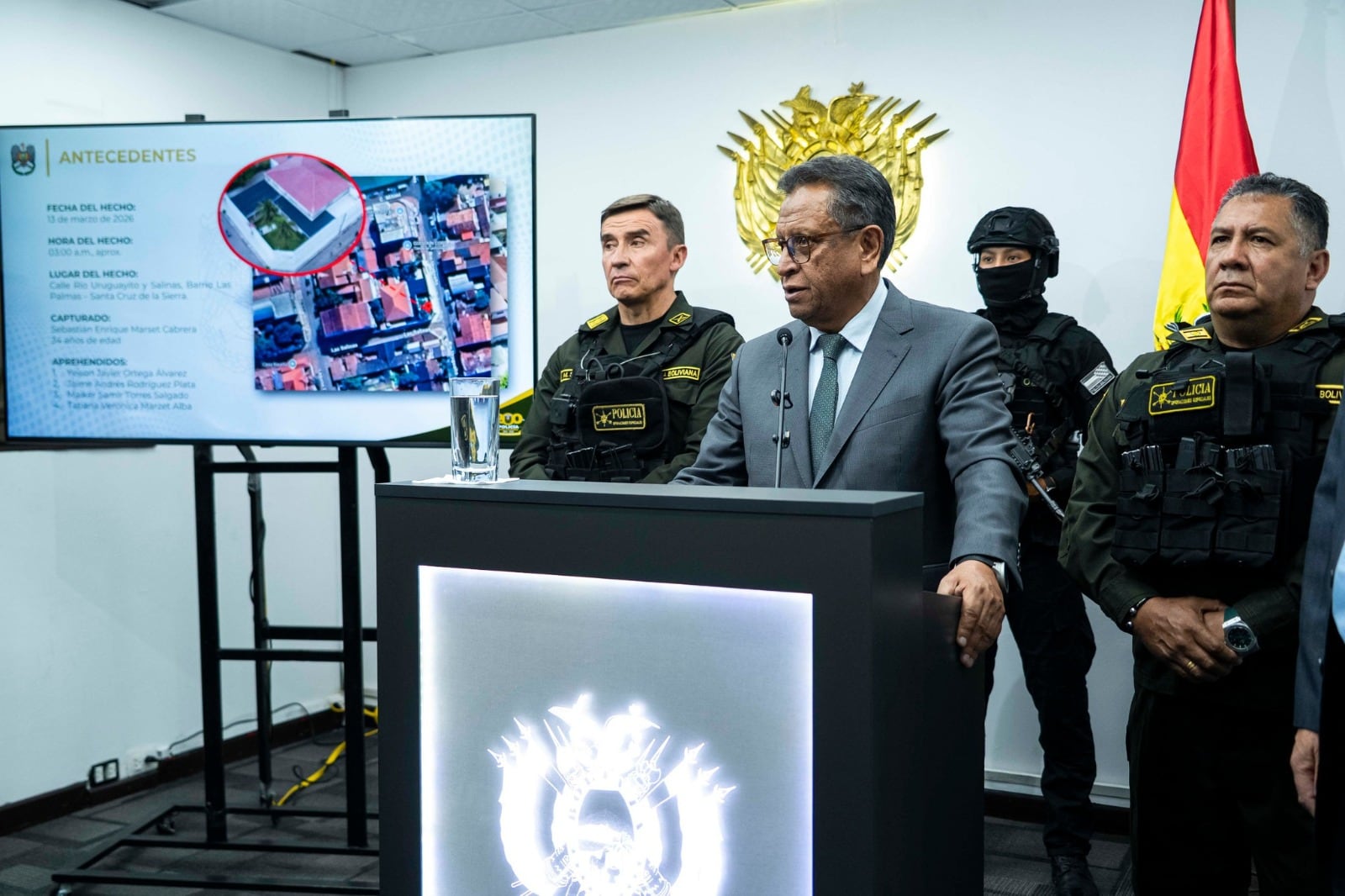 Archivo. Ministro de Gobierno de Bolivia, Marco Antonio Oviedo, en la conferencia de prensa en la que informó sobre la detención del narcotraficante Sebastián Marset.