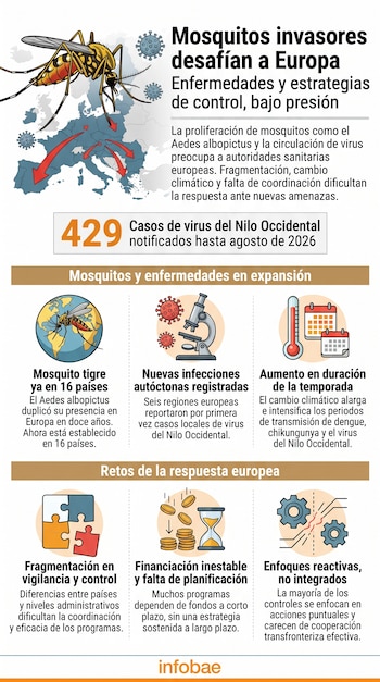 Infografía con un mapa de Europa, la ilustración de un mosquito y bloques explicativos sobre enfermedades y estrategias de control.
