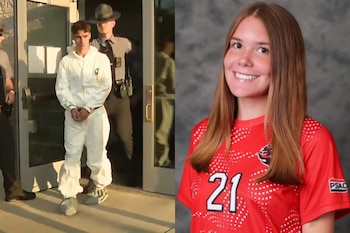 Composición de un hombre con traje protector blanco y esposas junto a un policía, y el retrato de una mujer con camiseta deportiva roja