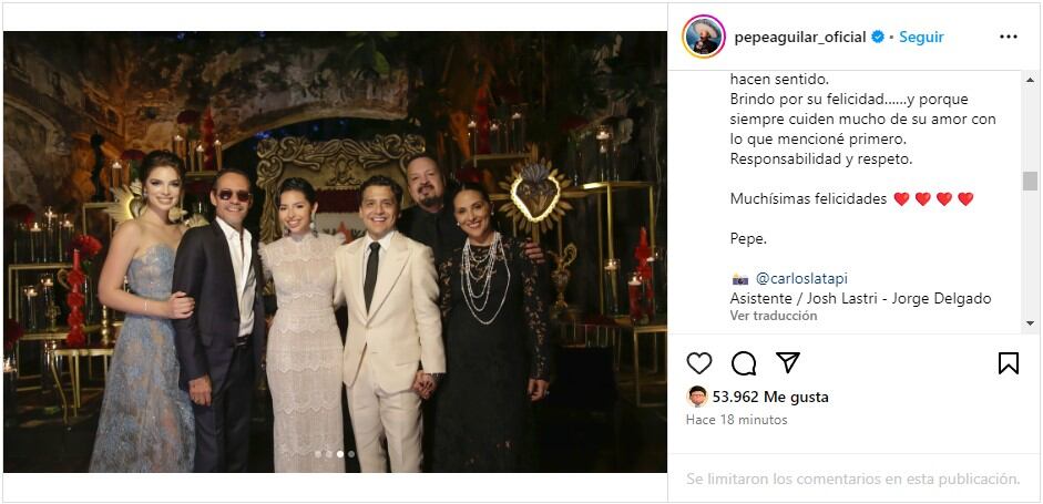 El cantautor fue testigo en el enlace matrimonial de Nodal y Aguilar.Capturas:IG@pepeaguilar_oficial