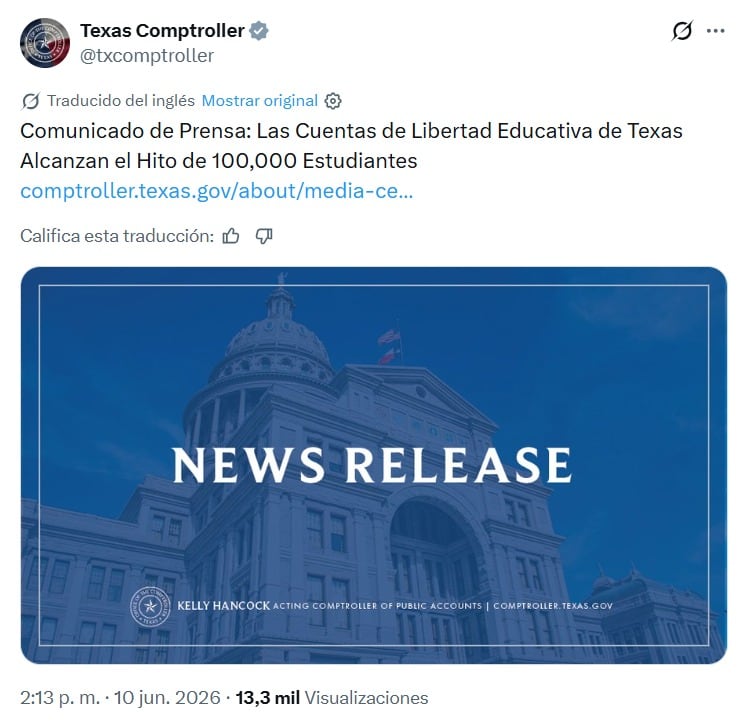 La cuenta Texas Comptroller lo anunció en sus redes sociales