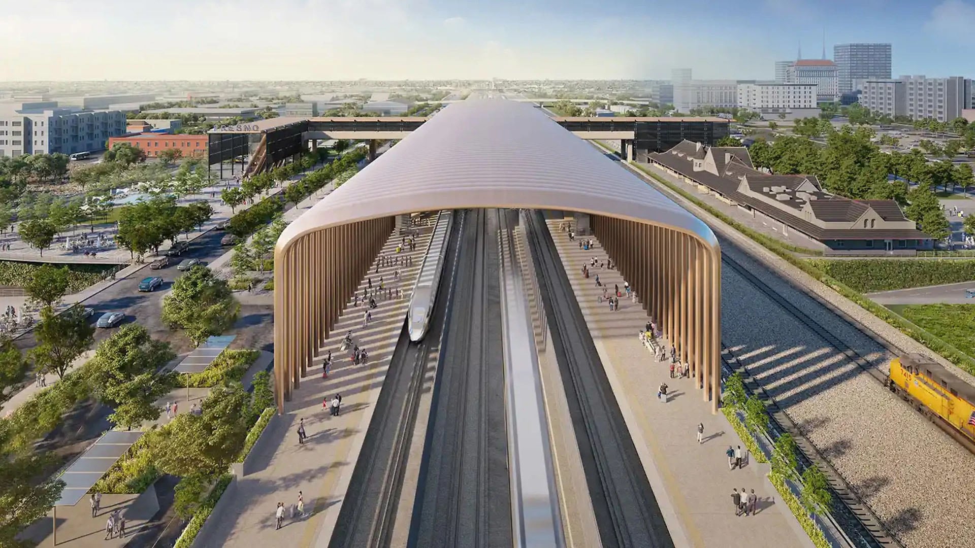 El centro de operaciones de Kern cuenta con áreas de mantenimiento, taller, almacén y una oficina de control equipada con tecnología avanzada para supervisión integral (California High-Speed Rail Authority)