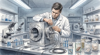 Dibujo de un científico con bata blanca que ajusta cables en un equipo metálico junto a microscopios, tubos de ensayo y frascos de vidrio.