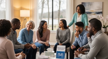 Ocho adultos diversos se sientan en círculo en una sala luminosa. Una mujer está de pie mientras los demás conversan y escuchan. Una caja con 'MENTAL HEALTH RESOURCES' está sobre una mesa.
