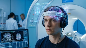 Primer plano de un joven con auriculares y diadema blanca, frente a un monitor. Gráficos de cerebros digitales con áreas activas flotan sobre su cabeza. Un escáner fMRI está al fondo.