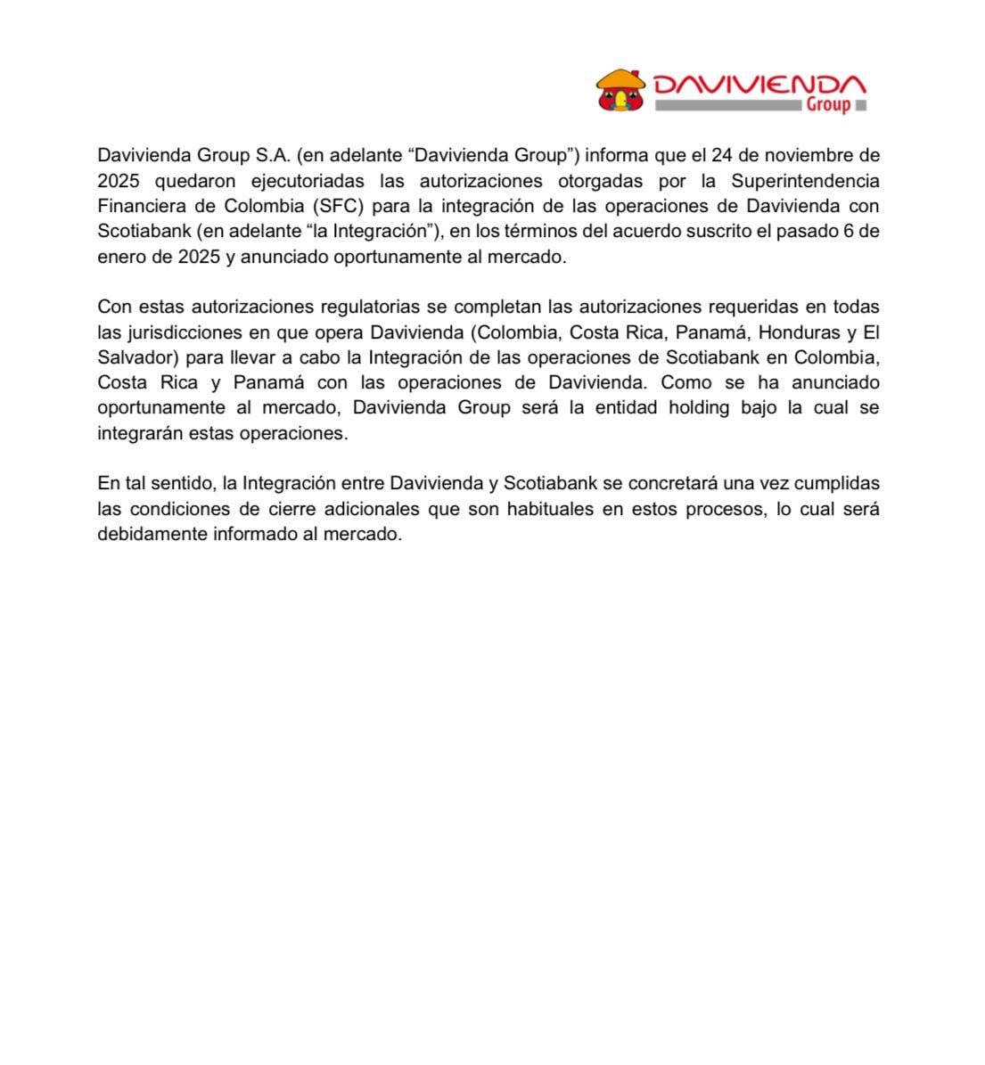 Con este comunicado Davivienda hizo oficial la aprobación - crédito Davivienda