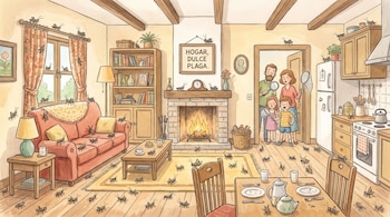 Ilustración de una sala y una cocina repletas de grillos. Una familia de cuatro personas está en una puerta mirando la habitación. Un cartel dice 'Hogar, Dulce Plaga'.