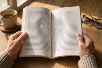 Manos sujetando un libro abierto con texto borroso en el centro sobre una mesa de madera con anteojos y una taza.