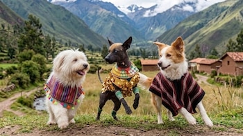 Tres perros con ponchos y adornos de tela sobre un terreno elevado, con un valle, casas rurales y montañas al fondo
