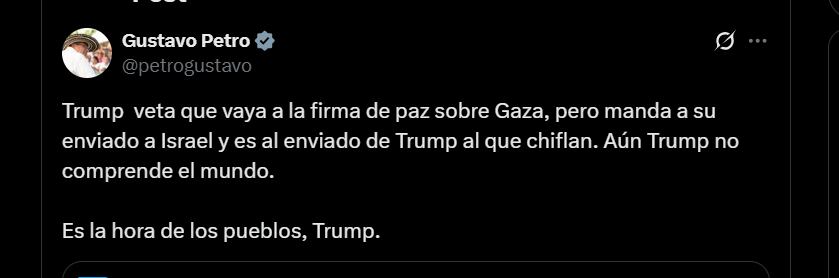 Gustavo Petro acusó a Donald Trump de vetarlo de la firma de paz sobre Gaza - crédito @petrogustavo/X