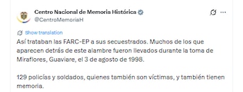 El Centro Nacional de Memoria Histórica contrastó las declaraciones de Rodrigo Londoño con la situación de secuestrados en los años 90 - crédito