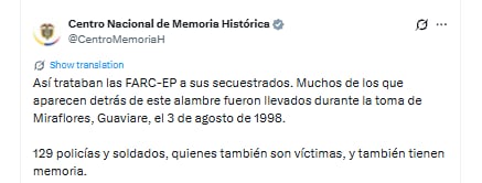 El Centro Nacional de Memoria Histórica contrastó las declaraciones de Rodrigo Londoño con la situación de secuestrados en los años 90 - crédito (@CentroMemoriaH/X)