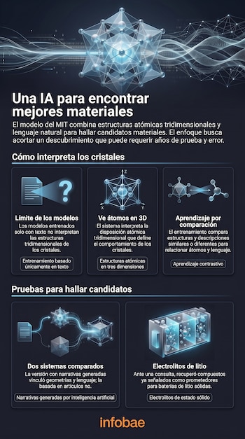 Infografía con esquemas de redes cristalinas tridimensionales, baterías y textos explicativos distribuidos en recuadros.