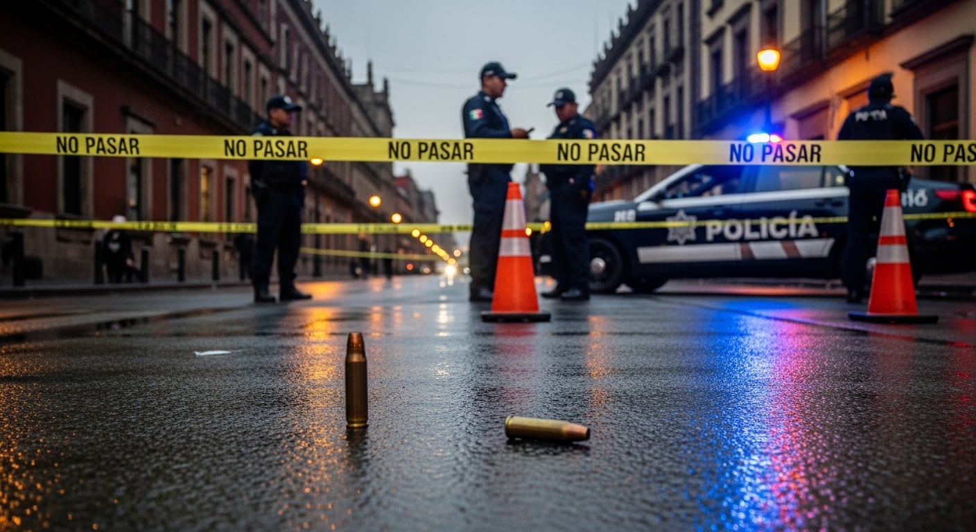 Agentes de policía resguardan una calle mojada en la Ciudad de México, donde se observan casquillos percutidos en el asfalto y una cinta de