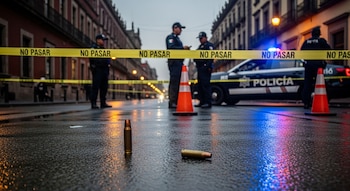 Dos casquillos percutidos en el asfalto mojado de una calle en la Ciudad de México, con policías y una patrulla detrás de una cinta amarilla "No pasar".