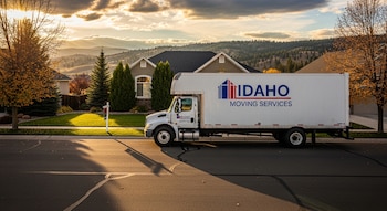Un camión de mudanzas blanco con el logo de Idaho Moving Services estacionado en una calle residencial durante el atardecer, con árboles de otoño y montañas.