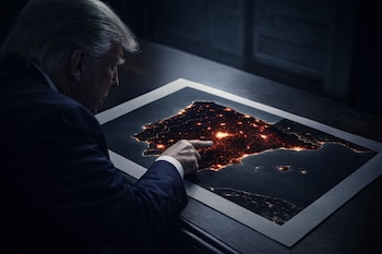 Silueta de Donald Trump de traje oscuro señalando con el dedo índice un mapa detallado de España iluminado sobre un escritorio de madera.