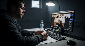 Hombre esposado con sudadera oscura sentado en un escritorio oscuro mirando una pantalla de computadora con videollamada de un juez y otros participantes.