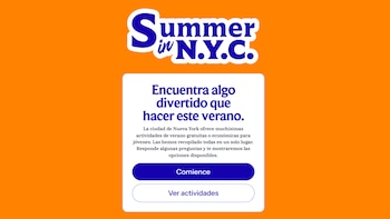 Captura de pantalla de la página web 'Summer in N.Y.C.' con fondo naranja, logo azul y un cuadro blanco que invita a encontrar actividades de verano