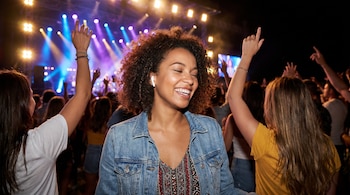 Mujer de cabello rizado sonríe con ojos cerrados y auriculares inalámbricos blancos en un concierto, con gente y luces de escenario de colores.