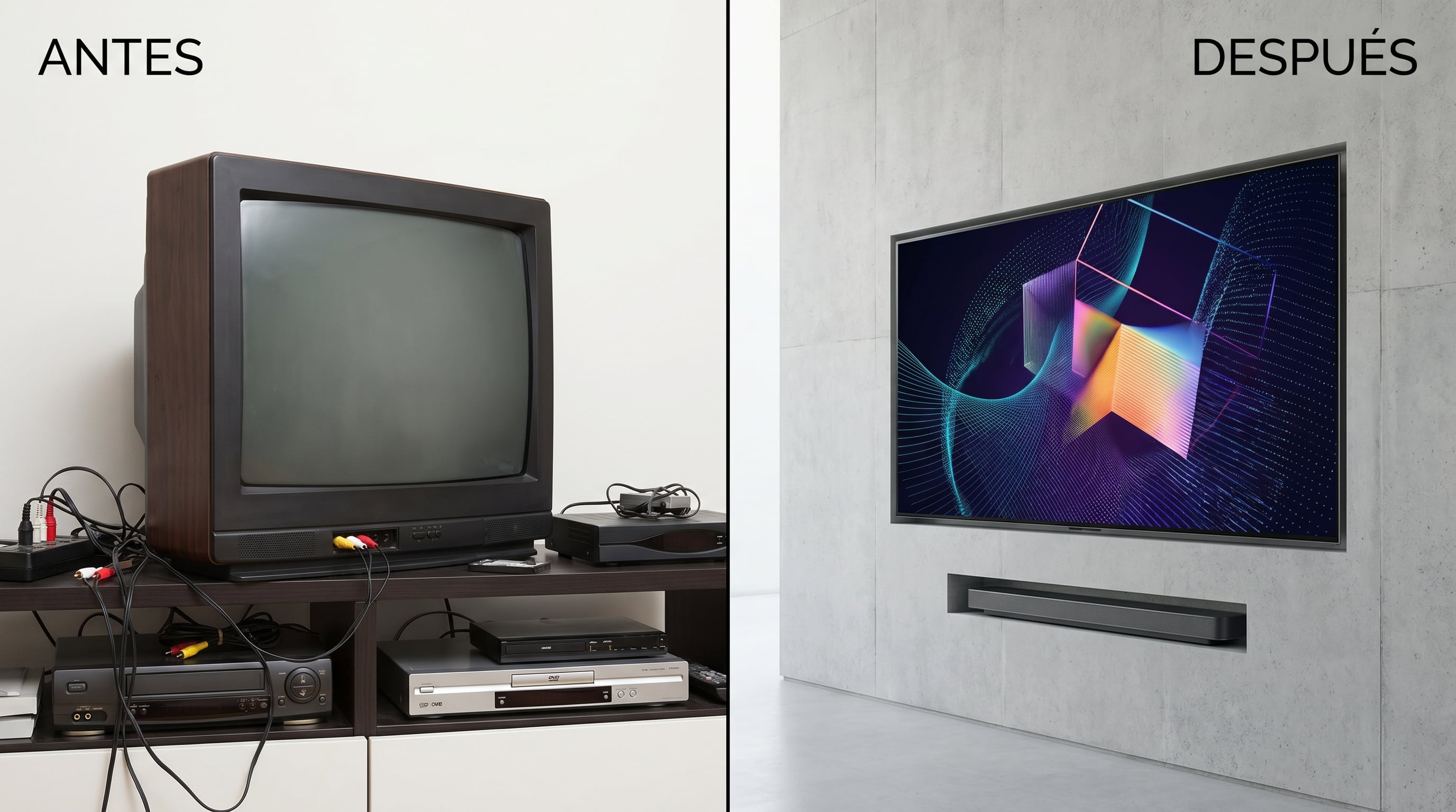 Esta imagen compara la instalación tradicional de un televisor CRT con múltiples cables y dispositivos, frente a una pantalla ultradelgada moderna integrada en la pared con un diseño minimalista y sin cables visibles. (Imagen Ilustrativa Infobae)