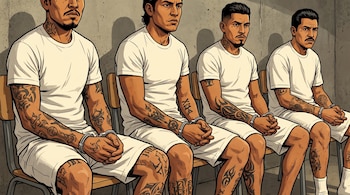 Cuatro hombres sentados en sillas, con camisetas blancas, pantalones cortos blancos, tatuajes en brazos y piernas, y esposas en las muñecas.