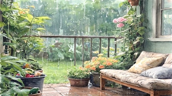 Acuarela de un balcón con macetas, flores, un sofá de madera con cojines y líneas de lluvia en el fondo.