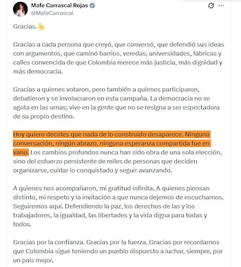 La congresista aseguró que la derrota en las urnas no representa el fin de las causas defendidas por el progresismo durante los últimos años - crédito @MafeCarrascal/X